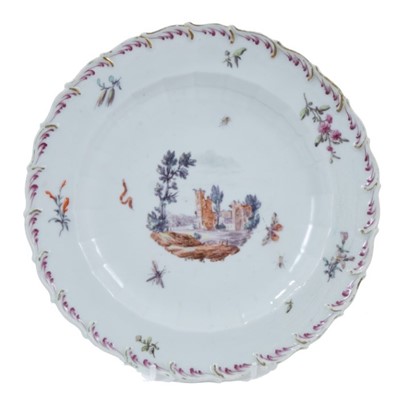 Lot 242 - Chelsea plate, circa 1758, polychrome decorated with ruins, surrounded by insects and floral sprays, 21cm diameter=