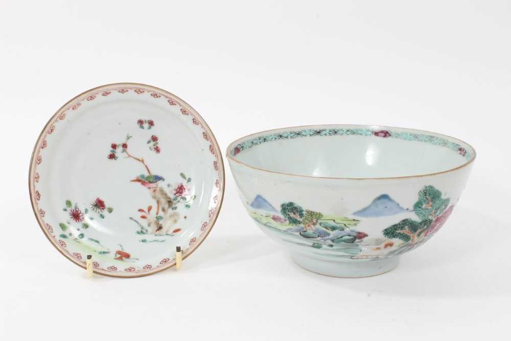 Lot 99 - Chinese famille rose bowl and saucer, Qianlong period, the bowl decorated with landscape scenes, and the saucer with a bird and flowers, 15cm and 11.5cm diameter (2)