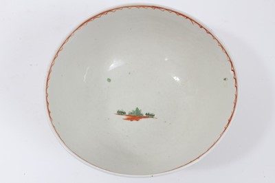 Lot 106 - Liverpool bowl, circa 1780, polychrome decorated with Chinese figures, together with two Liverpool coffee cans, one with birds, the other with flowers (3)