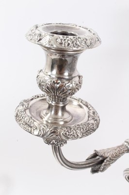 Lot 366 - Old Sheffield plate three light candelabrum with scroll and leaf decoration