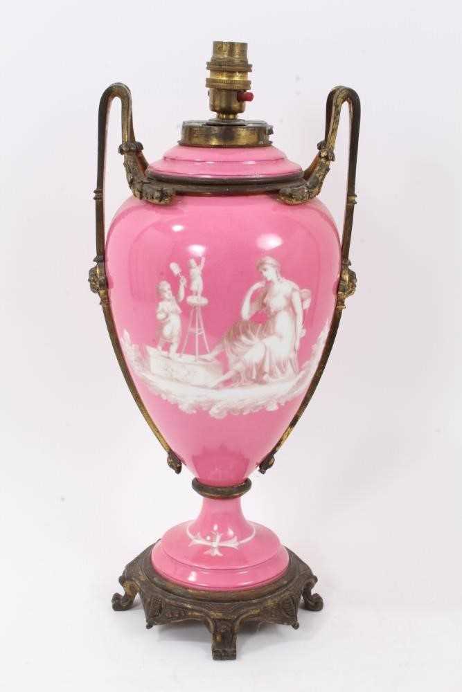 Lot 109 - Victorian Minton-style ormolu-mounted pink-ground porcelain lamp, with monochrome classical scenes, total height 43.5cm