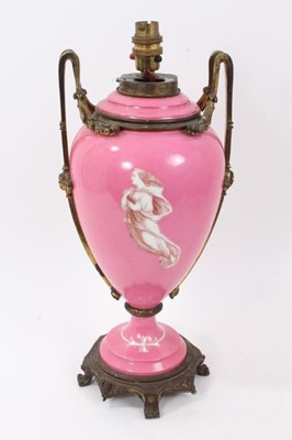 Lot 109 - Victorian Minton-style ormolu-mounted pink-ground porcelain lamp, with monochrome classical scenes, total height 43.5cm