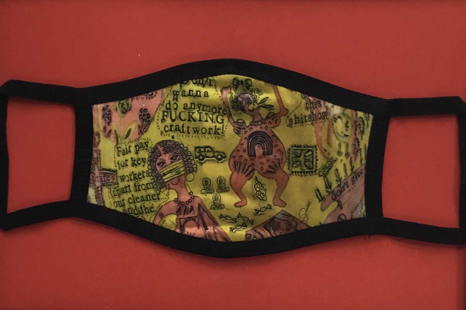 Lot 83 - Grayson Perry (b. 1960) printed fabric face-mask - 'We shall catch it on the beaches', framed, total size 24 x 32cm