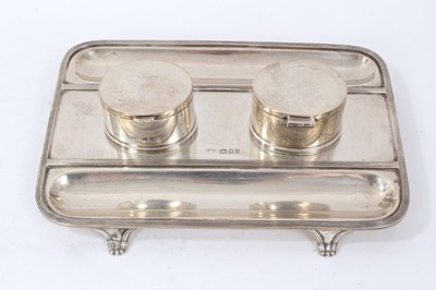 Lot 382 - 1920s silver ink stand of rectangular form, with two silver inkwells.