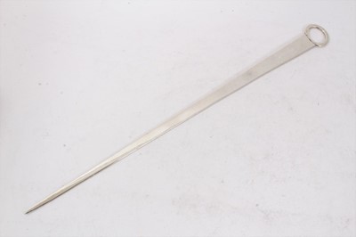 Lot 384 - Georgian silver meat skewer of tapering form with top mounted suspension ring