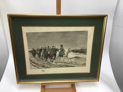 Lot 146 - After Messonier, hand coloured engraving of Napoleon and his entourage, inscribed to margin in pencil, image 33 x 51cm, glazed frame