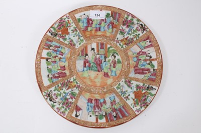 Lot 134 - 19th century Chinese Canton porcelain dish, decorated with panels of figures, birds, flowers and butterflies, 30cm diameter
