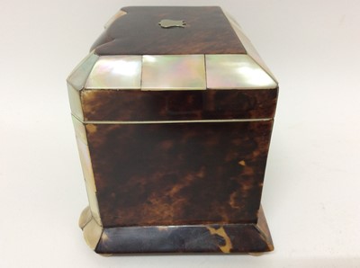 Lot 708 - George IV tortoiseshell and mother of pearl tea caddy of small size.