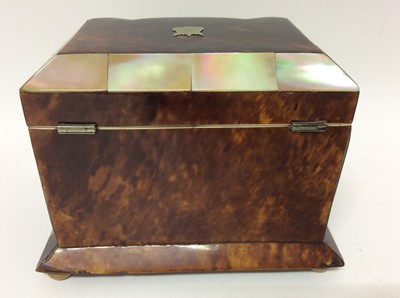 Lot 708 - George IV tortoiseshell and mother of pearl tea caddy of small size.