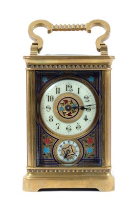 Lot 655 - 19th century French enamelled carriage clock with subsidiary alarm dial, striking on a bell, in case