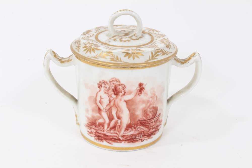 Lot 141 - Early 19th century Derby chocolate cup and cover, monochrome painted with a classical scene, 10cm high including cover