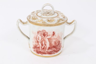Lot 141 - Early 19th century Derby chocolate cup and cover, monochrome painted with a classical scene, 10cm high including cover