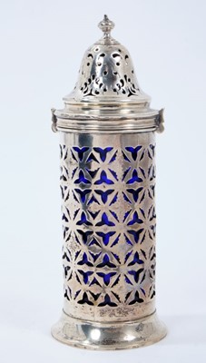 Lot 390 - Edwardian silver sugar caster of cylindrical form, with pierced decoration and blue glass liner