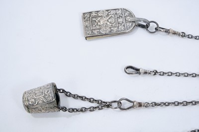 Lot 393 - Late Victorian silver sewing chatelaine with ornate cast belt hook and five suspension chains