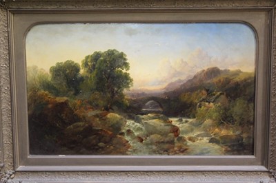 Lot 1290 - Joseph Horlor (1809-1887), A view on the River Wye with a fisherman in the foreground and figures on a bridge beyond, oil on artist's board, signed, auto inscribed verso, in original gilt frame, 30...