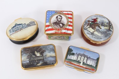 Lot 713 - Set of five limited edition enamel boxes by Halcyon days and others, on an American theme