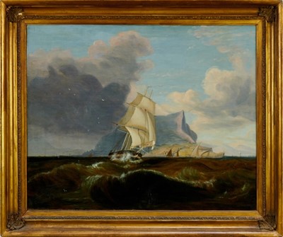 Lot 1231 - John Lynn (act.1826-1869) oil on canvas - British Frigate off Gibraltar, circa 1835, 49cm x 60cm, in gilt frame 
Provenance: Colin Denny Ltd. London