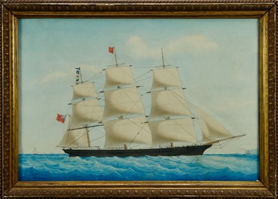 Lot 1232 - Mid 19th century watercolour - an East Indiaman at sea, titled verso with original text 'Assaye, East India Man, William. H. Thomas, Commander. Taken in Marseilles form a Photograph, May 1865', 42c...