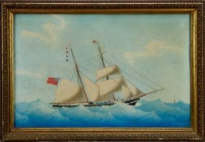 Lot 1234 - Mid 19th century ink and watercolour - 'Emma of ? Capt. John Key Thomas, off Planier in the gulf of Marseilles, March 18th 1861', titled verso with original script, 38cm x 60cm, in glazed gilt frame