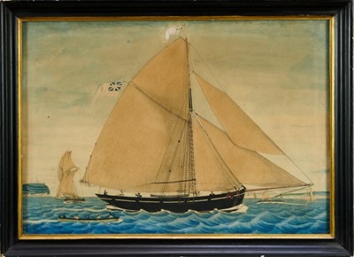 Lot 1235 - Mid 19th century ink and watercolour - Shipping off the Coast, 39cm x 56cm, in glazed gilt and ebonised frame