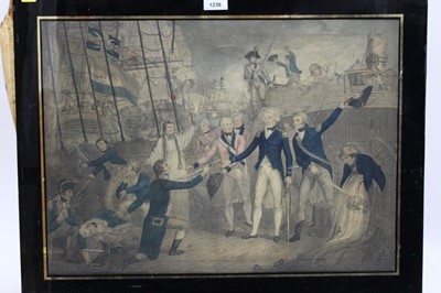 Lot 396 - After Daniel Orme (c.1766-1832) hand coloured engraving - Admiral Nelson receiving the Spanish Admiral's Sword on Board the San Josef, 42cm x 57cm, with dismantled frame, together with a pair of an...