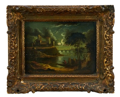 Lot 1237 - Continental School, early 19th century, pair of oils on panel - moonlit river landscapes, 20.5cm x 27.5cm, in glazed giltwood frames