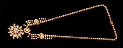 Lot 469 - Victorian gold seed pearl and diamond pendant necklace with detachable pendant/brooch, the star shape flower with a central old cut diamond, suspended from a gold and seed pearl fringe necklace wit...
