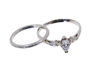 Lot 562 - Diamond single stone ring with a marquise cut diamond estimated to weigh approximately 0.35cts flanked by a further marquise cut diamond to each shoulder in claw setting on 18ct white gold shank. R...