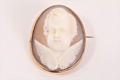 Lot 564 - Victorian carved shell cameo brooch depicting an angel, in a gold mount. 30mm x 24mm.