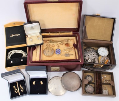 Lot 565 - Group of antique and vintage jewellery to include a pair of 9ct gold and cultured pearl'grape' earrings, Edwardian diamond 'Good Luck' brooch, Victorian citrine pendant, Swiss 18ct gold cased fob w...