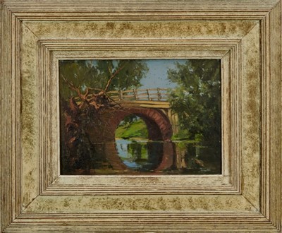 Lot 1201 - Lewis Taylor Gibb (1873-1945) oil on panel - A Rural Bridge, 25cm x 35cm, in painted frame