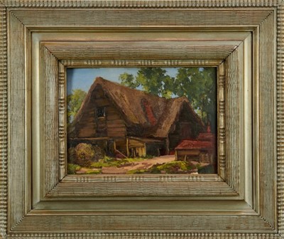 Lot 1203 - Lewis Taylor Gibb (1873-1945) oil on board - A Thatched Barn, 24.5cm x 34.5cm, in silvered frame