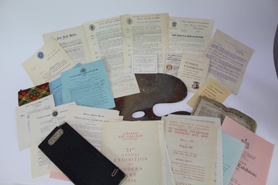 Lot 1210 - Lewis Taylor Gibb (1873-1945) wooden artists palette, together with assorted ephemera relating to the artist, including Glasgow and Royal Scottish Academy tickets, listings of exhibited pictures an...