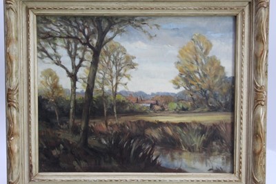 Lot 1209 - Hugh Douglas Gibb (1910-2000), oil on board - East Anglian Landscape, signed, 40cm x 50cm, in glazed frame