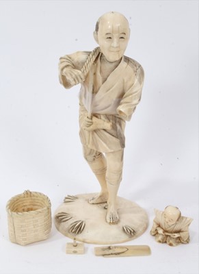 Lot 725 - Fine quality late 19th / early 20th century Japanese carved ivory figure of a kneeling child, inset red signature plaque to underside 4cm high, together with a Japanese Meiji period okimono depicti...
