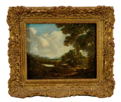 Lot 1108 - Manner of Thomas Gainsborough, oil on panel - cattle and figure in rural landscape, in gilt frame