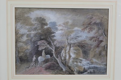 Lot 1110 - Manner of Thomas Gainsborough, pencil and watercolour - Extensive Landscape with Figures and a Horse, in glazed gilt frame