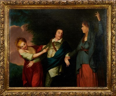 Lot 1263 - After Sir Joshua Reynolds, oil on canvas - David Garrick between Tragedy and Comedy, this copy 700C, with decorative gilt leaf and berried frame