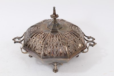 Lot 406 - Edwardian pot pourri dish of hexagonal form, with twin scroll handles and separate pierced cover