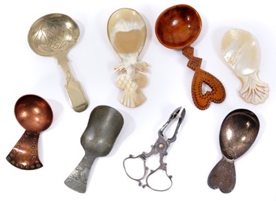 Lot 796 - Interesting collection of caddy spoons together with a set of 19th century plated sugar scissors
