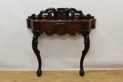 Lot 1528 - Victorian mahogany console/hall table with carved and pierced back and shaped frieze drawer on scroll legs