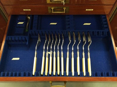 Lot 300 - Mahogany six drawer cutlery canteen, containing a composite set of silver plated cutlery
