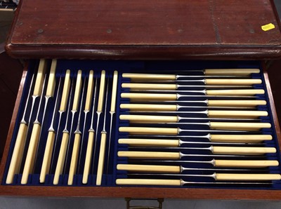 Lot 300 - Mahogany six drawer cutlery canteen, containing a composite set of silver plated cutlery
