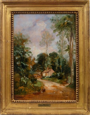 Lot 1081 - Thomas Churchyard (1798-1865) oil on panel - A Wooded Landscape with a Cottage, inscribed 'Kate' verso, 24.5cm x 17.5cm, in gilt frame Provenance: Spink, King Street