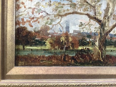 Lot 1082 - Thomas Churchyard (1798-1865) oil on panel - View through trees, inscribed 'Anna' verso, 13.5cm x 28cm, in gilt frame