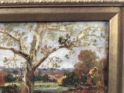 Lot 1082 - Thomas Churchyard (1798-1865) oil on panel - View through trees, inscribed 'Anna' verso, 13.5cm x 28cm, in gilt frame