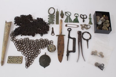 Lot 807 - Collection of artefacts, generally mediaeval or later, including early thimbles, lead corn seals, portion of chain mail, various ornate mounts etc