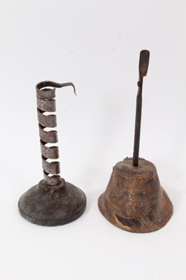 Lot 826 - 18th century steel spiral candlestick, together with a rush light, partially incomplete