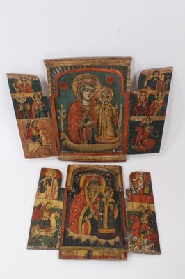 Lot 817 - Two Greek Orthodox folk art folding triptych icons, the largest 31cm high