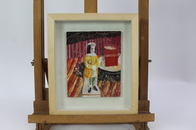 Lot 1879 - Jonathan Christie (1968-2013) mixed media on board - "Boy with Red Cup", 16cm x 13cm, in glazed frame